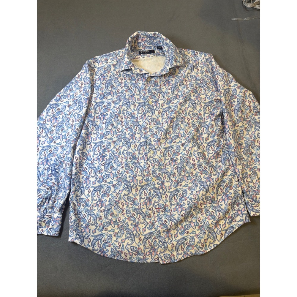 Cremieux Mens Button Down Shirt Medium Blue Red Paisley Long Sleeve Cotton Print